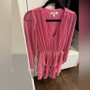 Pink V-Neck Ruffle Dress